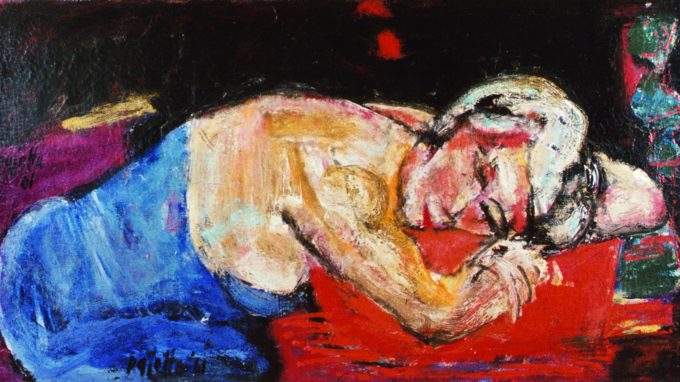 7_72_Donna dormiente su tavolo rosso_Guido Pajetta_1961