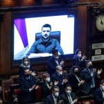 Il videointervento di Zelensky a Montecitorio (foto Ansa / Sir)